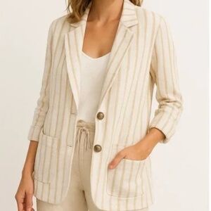 Garnet Hill Linen Blazer Jacket Womens XS White Beige Stripe Coastal